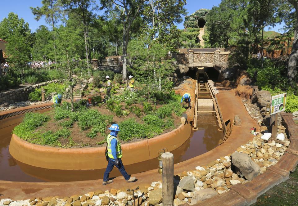 Work continues on Tiana's Bayou Adventure —the reimagined former Splash Mountain ride in the Magic Kingdom at Walt Disney World, Thursday, May 23, 2024, ahead of its planned June 28 opening in Bay Lake, Fla. The attraction's new theme is based on the Disney film "The Princess and The Frog." (Joe Burbank /Orlando Sentinel via AP)