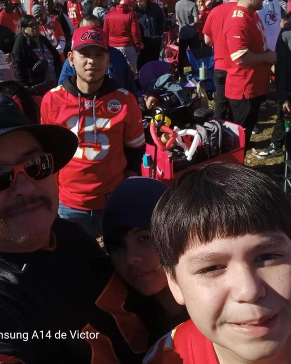Samuel Arellano and his grandfather, Victor Salas Sr., at the Kansas City Chiefs Super Bowl celebration at Union Station before the boy was struck by a bullet. Antonio Arellano