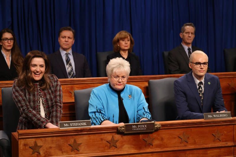 Left to right, Chloe Troast, Molly Kearney and Michael Longfellow, play Rep. Elaine Stefanik, Rep. Virginia Foxx and Rep. Tim Walberg, on "Saturday Night Live." Photo courtesy of NBC