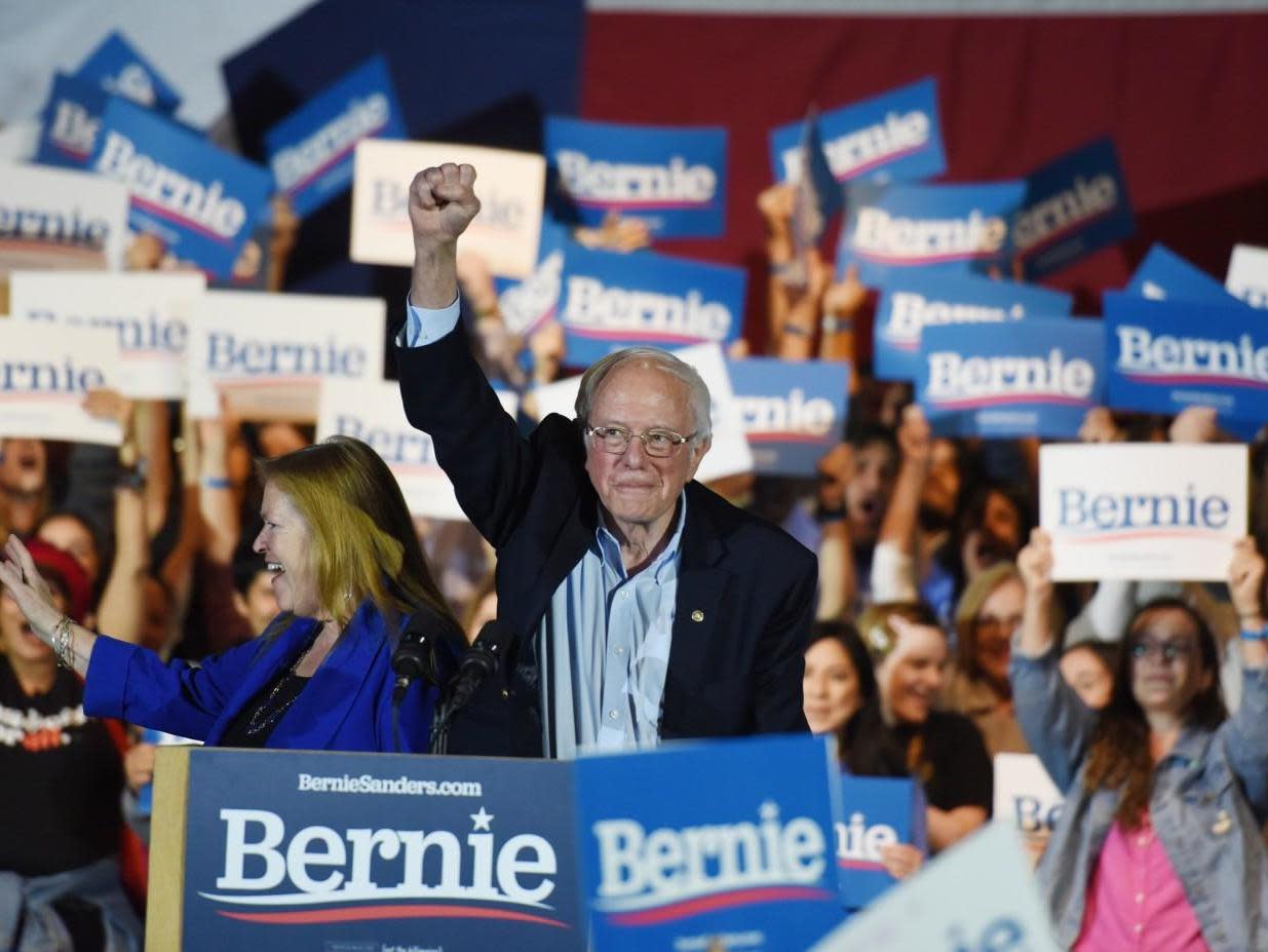 Bernie Sanders celebrates with his wife Jane after being declared Nevada caucus victor at a rally in San Antonio, Texas, on 22 February 2020: Callaghan O’Hare/Reuters