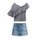 <a rel="nofollow noopener" href="https://www.moderncitizen.com/products/lien-asymmetric-ruffle-blouse-black-gingham" target="_blank" data-ylk="slk:Lien Asymmetric Ruffle Blouse, Modern Citizen, $75;elm:context_link;itc:0;sec:content-canvas" class="link ">Lien Asymmetric Ruffle Blouse, Modern Citizen, $75</a><a rel="nofollow noopener" href="https://click.linksynergy.com/deeplink?id=30KlfRmrMDo&mid=37420&murl=http%3A%2F%2Fwww.matchesfashion.com%2Fus%2Fproducts%2FRaey-Low-cut-off-denim-shorts-1172798" target="_blank" data-ylk="slk:Low Cut-Off Denim Shorts, Raey, $98;elm:context_link;itc:0;sec:content-canvas" class="link ">Low Cut-Off Denim Shorts, Raey, $98</a>