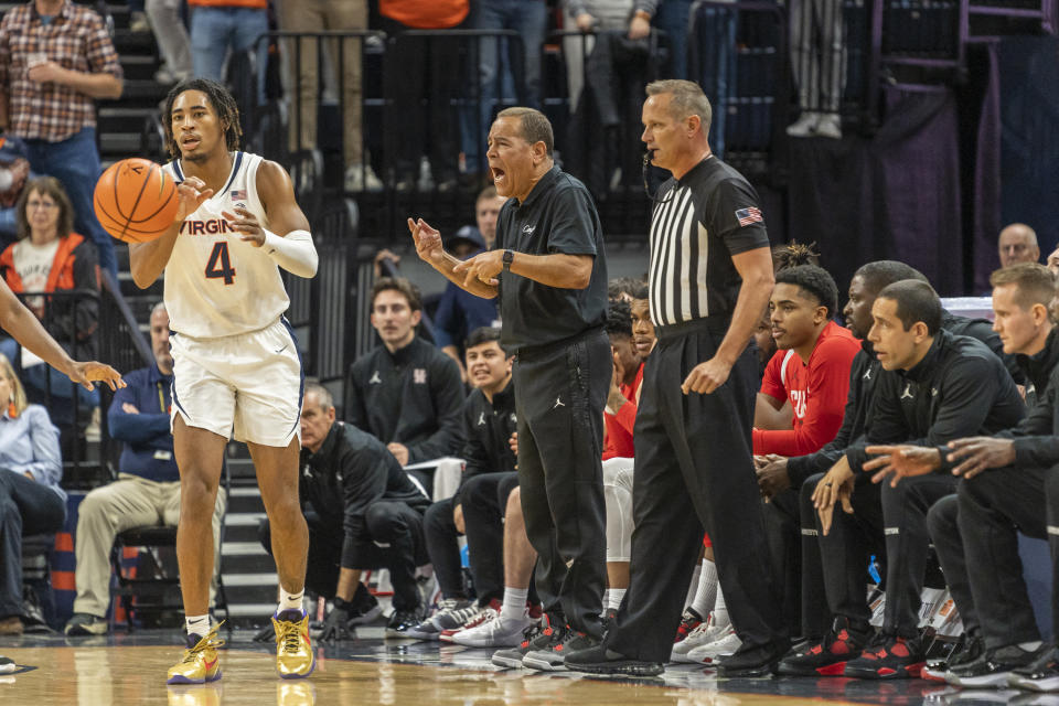 Houston head coach Kelvin Sampson calls out during the first half of an NCAA college basketball game against Virginia in Charlottesville, Va., Saturday, Dec. 17, 2022. (AP Photo/Erin Edgerton)