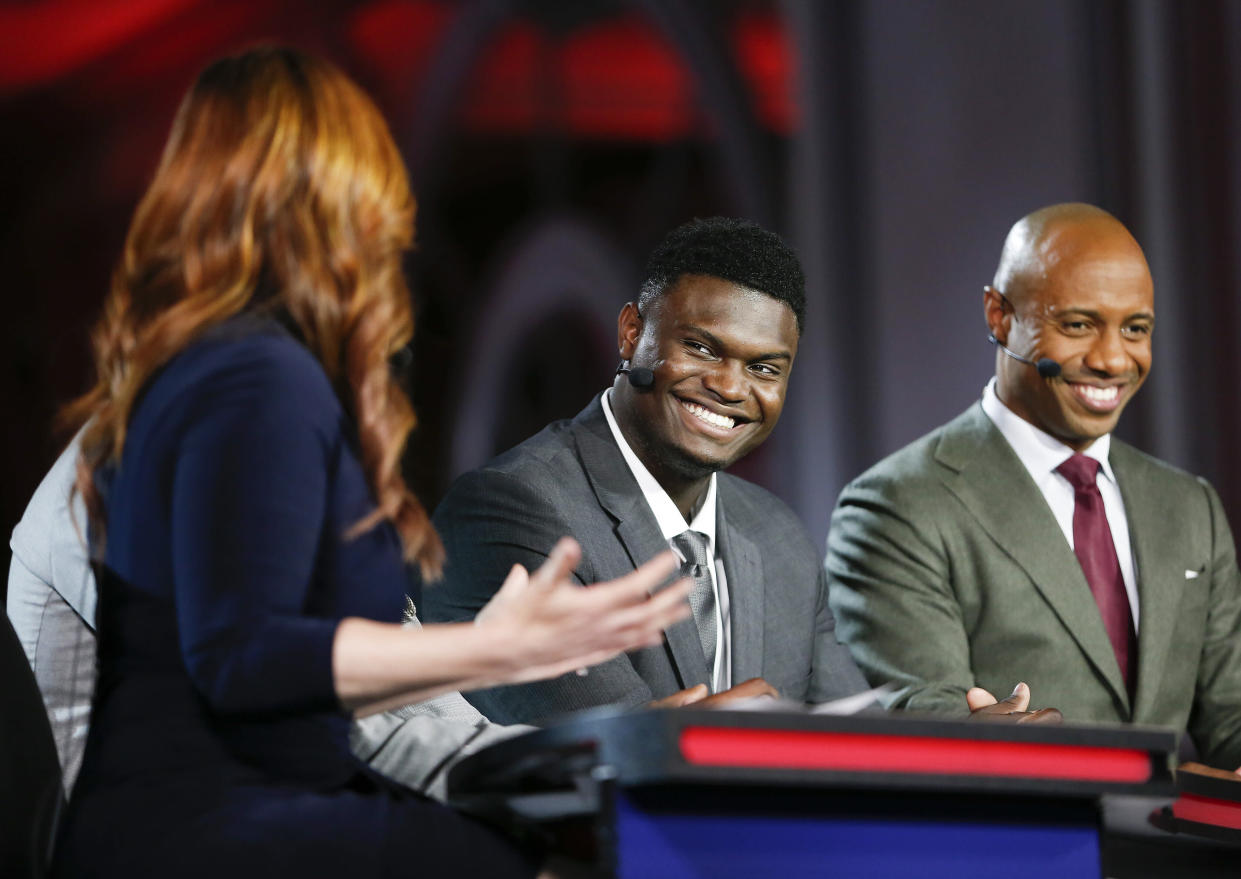 Duke's Zion Williamson is interviewed by ESPN during the NBA draft lottery on Tuesday. (AP)