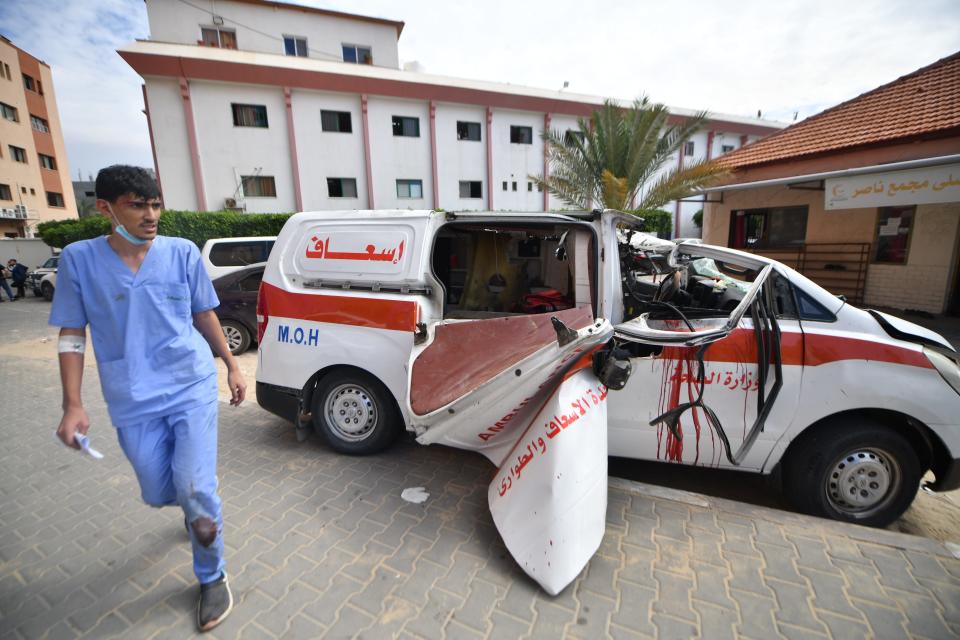 A view of a damaged ambulance in an Israeli army attack as clashes between Palestinian factions and Israeli forces continue in Khan Yunis, Gaza on October 07, 2023.