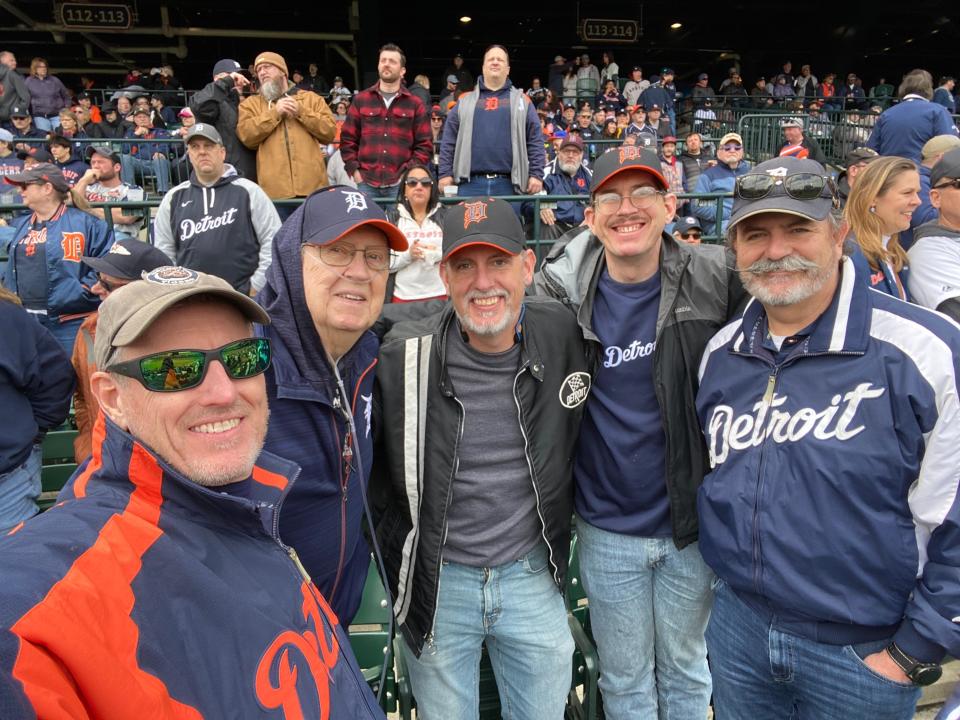 Sean Blasch poses with his father Paul and his brothers Matt, Brendan, and Bryan, for a family photo at last year's Opening Day game on Thursday, April 6, 2023.