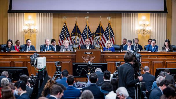 PHOTO: Members of the House Select Committee to Investigate the January 6 Attack on the US Capitol hold its last public hearing in the Canon House Office Building on Capitol Hill in Washington, DC on December 19, 2022. (Jim Lo Scalzo/AFP via Getty Images)