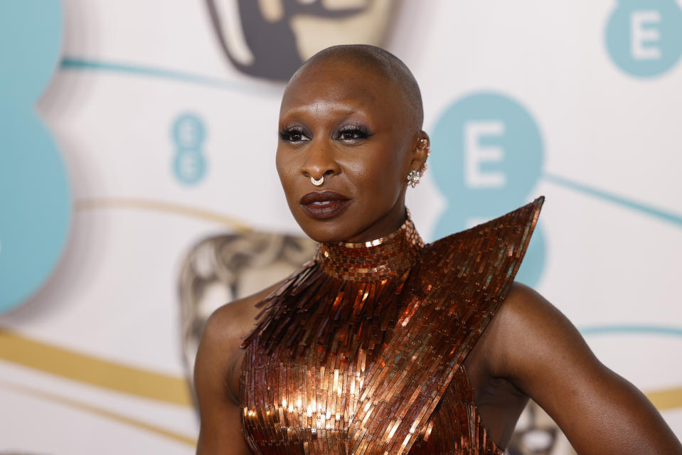 Cynthia Erivo poses for photographers upon arrival at the 76th British Academy Film Awards, BAFTA's, in London, Sunday, Feb. 19, 2023. (Photo by Vianney Le Caer/Invision/AP)