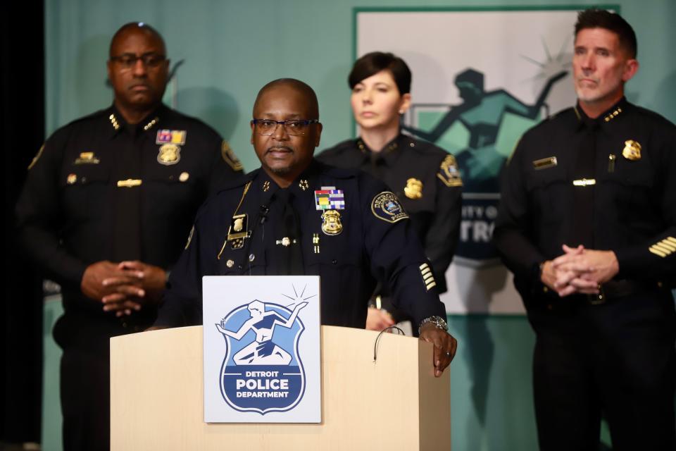 Detroit Police Chief James White holds a news conference on the investigation into the Oct. 21 killing of Samantha Woll, head of the Isaac Agree Downtown Detroit Synagogue, at Detroit Police headquarters Monday, Oct. 23, 2023.