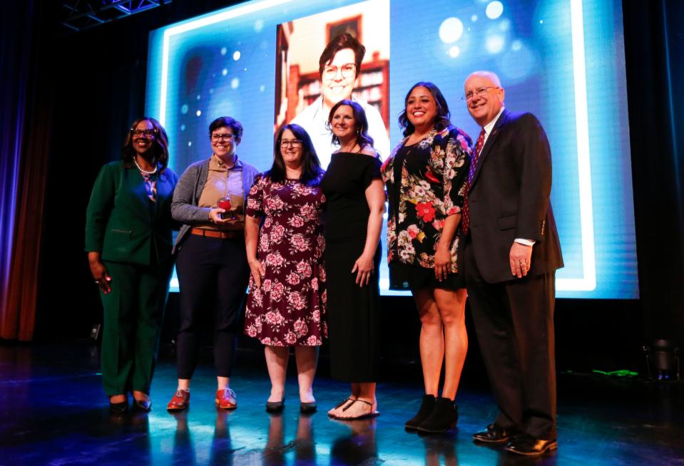 Springfield Public Schools Teacher of the Year Betsy Cannella with finalists Laurie Macy, Julie Burke, and Alicia Johnson and SPS Superintendent Dr. Grenita Lathan (left) and MSU President Clif Smart at the Celebrate SPS Banquet on Friday, April 19, 2024