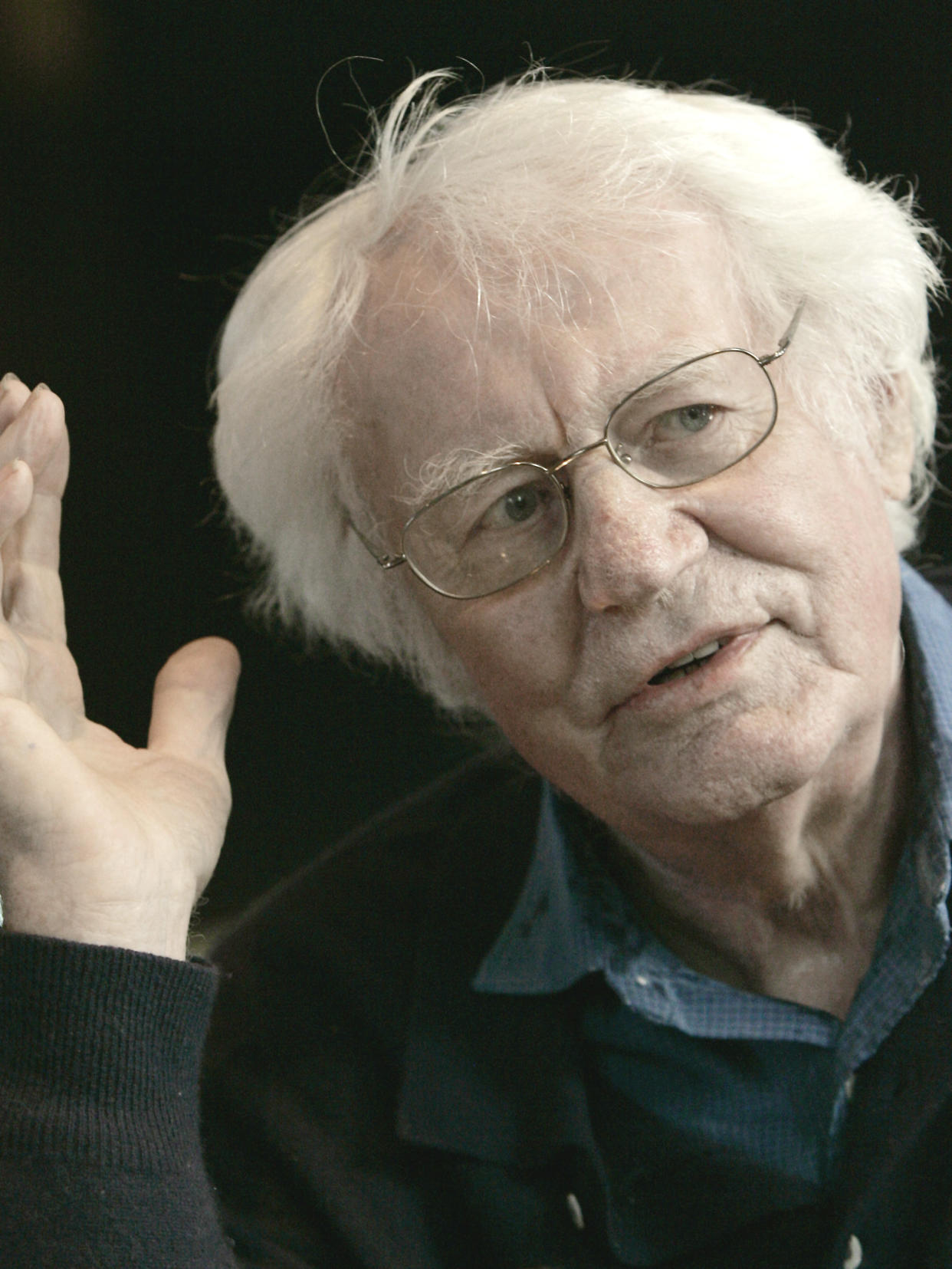 CORRECTS AGE TO 94 INSTEAD OF 95 - FILE - Robert Bly speaks during an interview, Tuesday, Jan. 8, 2008, in Minneapolis. Bly, one of the most prominent American poets of the last half century and author of the best-selling men's movement classic "Iron John," has died. He was 94. His daughter, Mary Bly, said her father died Sunday, Nov. 21, 2021, at his home on Minneapolis after suffering from dementia for 14 years. (AP Photo/Jim Mone, File)