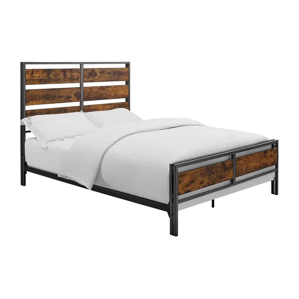 Walker Edison Wood Plank Metal Queen Size Bed Frame