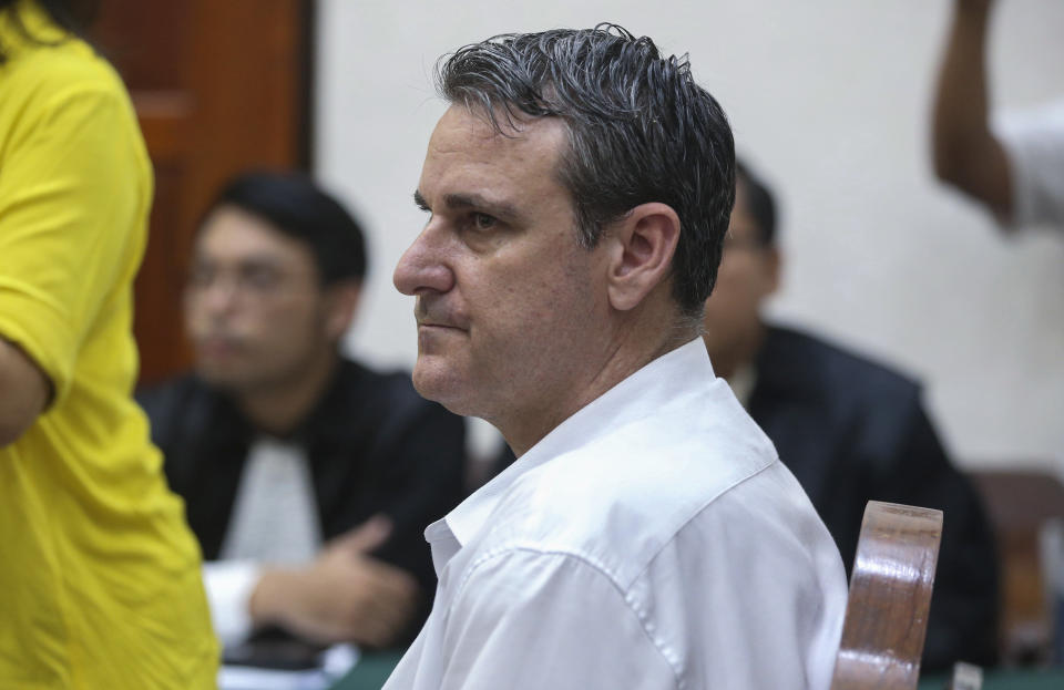 Australian Troy Smith, who is accused of drug possession, sits in a courtroom during his trial in Denpasar district court, Bali, Indonesia on Thursday, June 27, 2024. Indonesian police arrested Smith on April 30 after he was allegedly caught with methamphetamine in his hotel. (AP Photo/Firdia Lisnawati)