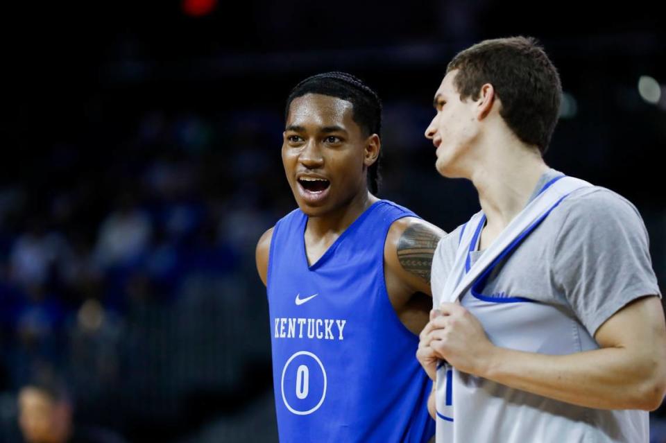 Kentucky freshman guard Rob Dillingham, left, scored 40 points in the UK basketball Blue-White Game last Saturday night at Northern Kentucky University. Dillingham and the Wildcats face Georgetown College on Friday night in an exhibition game.