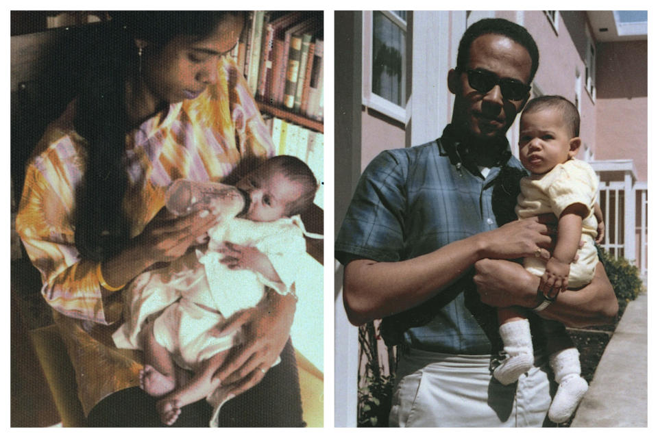 This combination of undated and April 1965 photos provided by the Kamala Harris campaign in April 2019 shows, Shyamala Gopalan Harris, 25, and Donald Harris with their daughter, Kamala. On Friday, July 5, 2019, The Associated Press reported on a photo circulating online of Kamala Harris standing with two attendees of a 2016 gala in California, paired with a variety of false captions on social media, which is being used to question the presidential candidate's race. (Kamala Harris campaign via AP)
