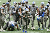 Detroit Lions kicker Matt Prater (5) celebrates a game-winning extra point against the Atlanta Falcons during the second half of an NFL football game, Sunday, Oct. 25, 2020, in Atlanta. The Detroit Lions won 23-22. (AP Photo/Brynn Anderson)