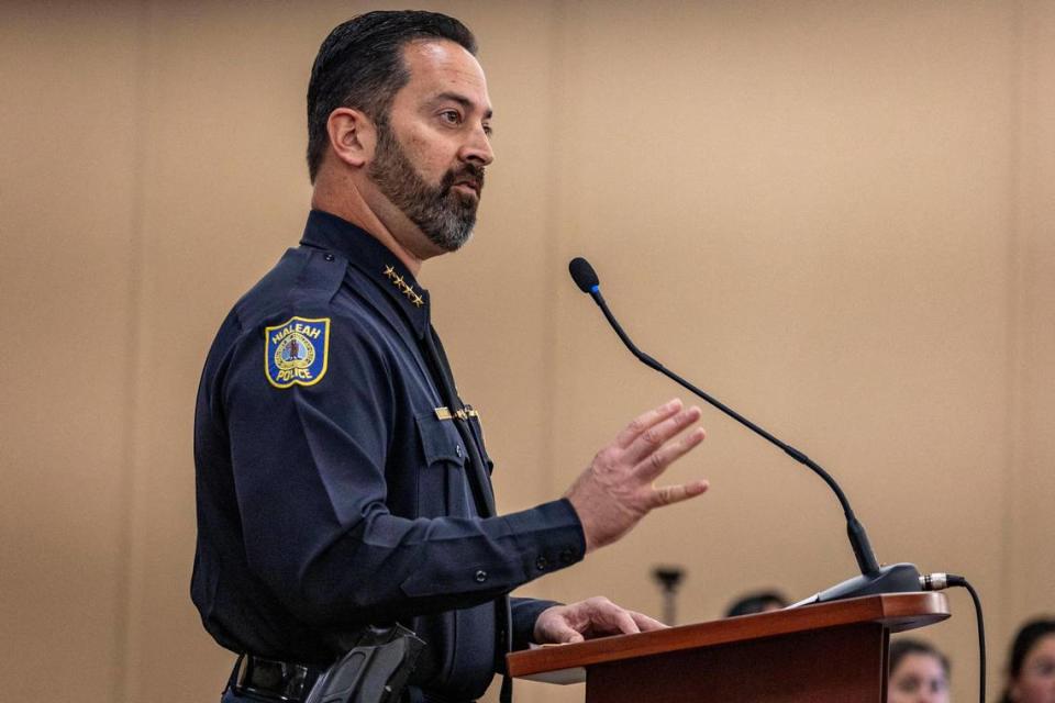 Hialeah, Florida, February 26, 2024 - Chief George Fuentes of the Hialeah Police Department speaks during his presentation in the Hialeah Council Chambers. Mayor Esteban Bovo, Jr. and the City Council hosted an Immigration Forum where different city departments discussed how the influx in immigration has impacted the City of Hialeah and the services it provides to residents. The Police Chief, George Fuente, emphasized the increase of service-related call as a clear indicator of a growing population, stating, “That’s an obvious sign that we have many more individuals living or visiting the City of Hialeah”