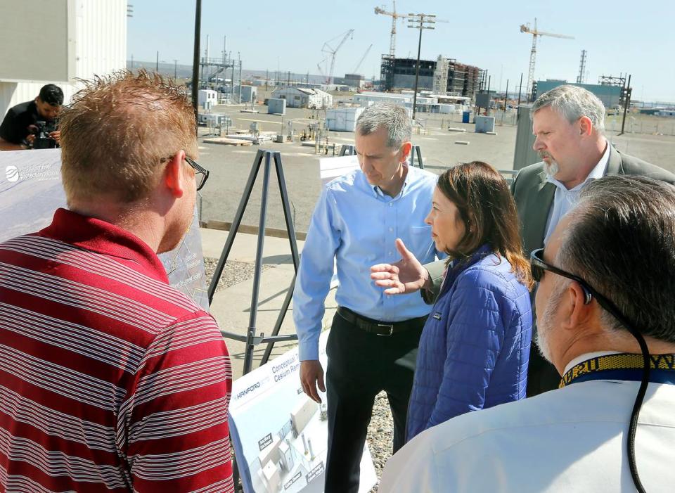 Sen. Maria Cantwell, D-Wash., listens to a briefing on tank waste technology during a tour of the Hanford nuclear reservation.