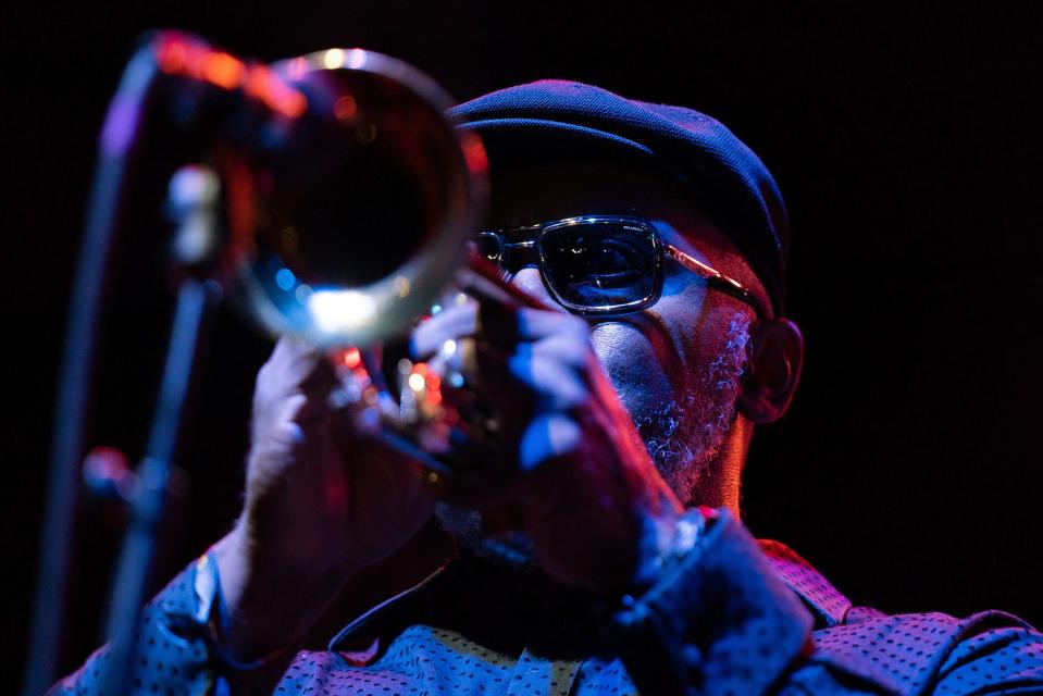 Trumpeter Dwight Adams performs during the opening night of the Detroit Jazz Festival at Hart Plaza in downtown Detroit on Friday, Sept 1, 2023.