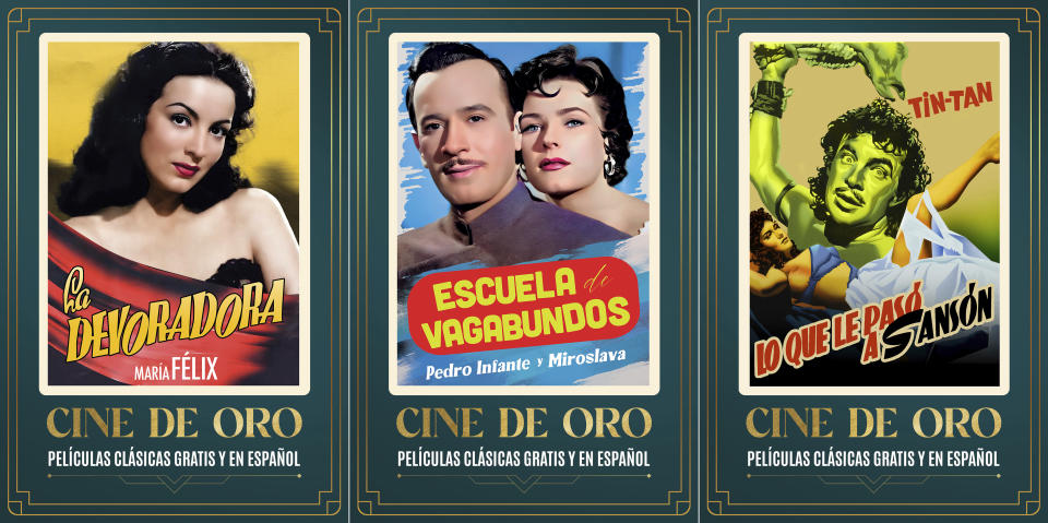 Esta combinación de fotografías proporcionadas por Canela TV muestra el arte promocional de la película "La devoradora" de 1946, izquierda, "Escuela de vagabundos" de 1955, centro, y "Lo que le pasó a Sansón" de 1955 parte de la colección Cine de Oro. (Canela TV vía AP)