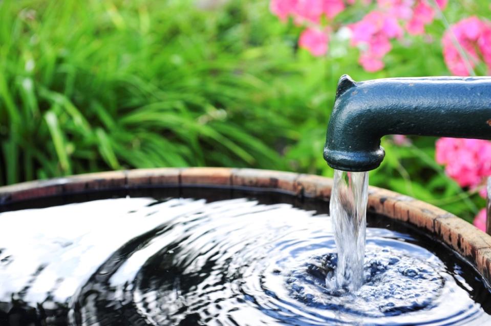 A water pump in garden filling a barrel.