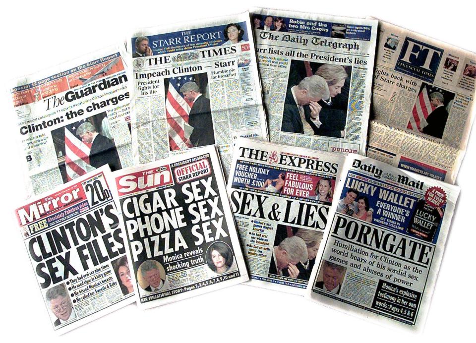 British newspaper headlines published in London Saturday, Sept.12 1998 reporting the the reaction to the Kenneth Starr report on grounds for impeachment of President Clinton.