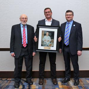 Vincent M. Canzanese, RPh, of Summit Health Pharmacy, Brookhaven, Pennsylvania, is PCCA’s 2021 M. George Webber, PhD, Compounding Pharmacist of the Year. PCCA CEO David Sparks (left) and President Jim Smith presented the award to Canzanese on Friday, October 22, during the company’s 40th Anniversary International Seminar 2021 in Houston.