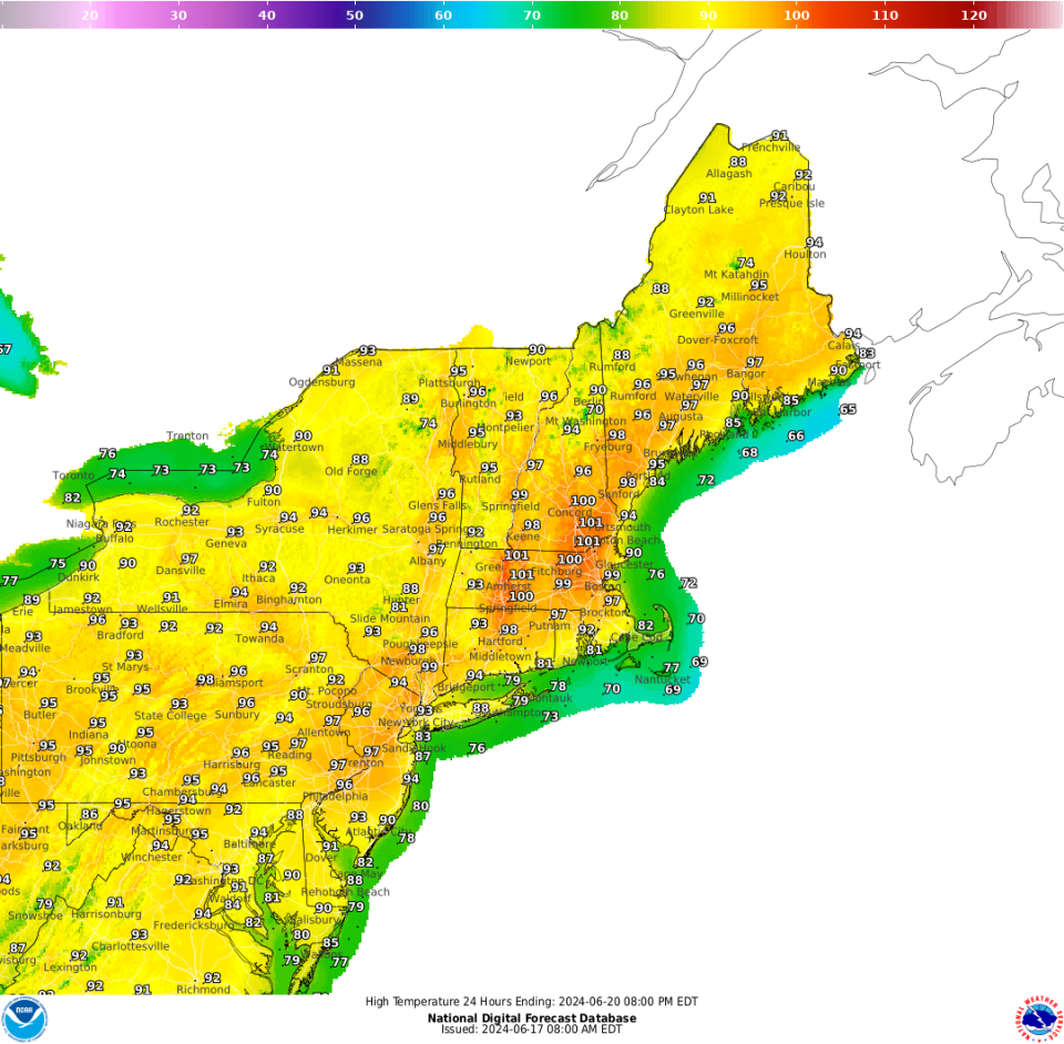 This forecast from the National Weather Service shows temperatures in the mid- to high-90s for much of the Northeast U.S. on June 20, 2024. / Credit: National Digital Forecast Database