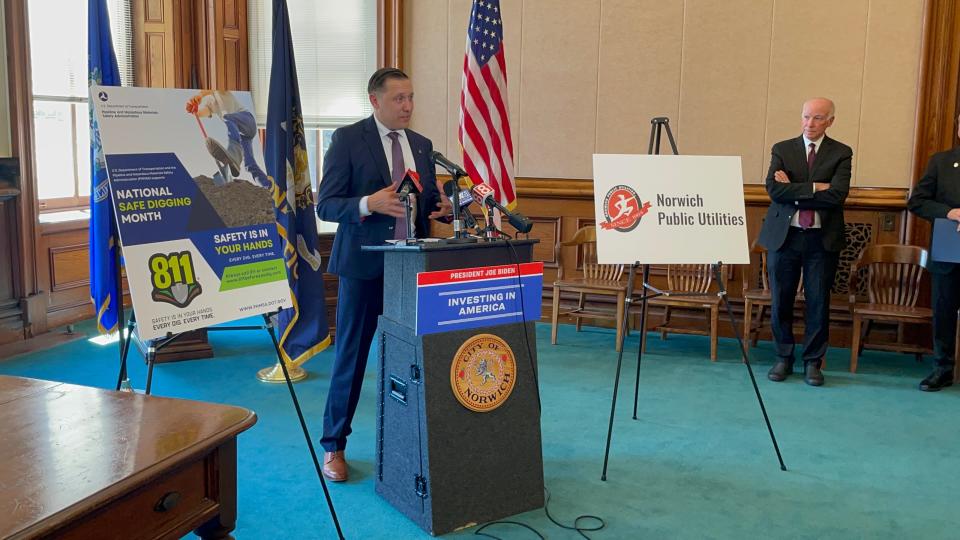 Tristian Brown, deputy administrator of the Pipeline and Hazardous Materials Safety Administration, speaking at a check presentation for NPU Monday.