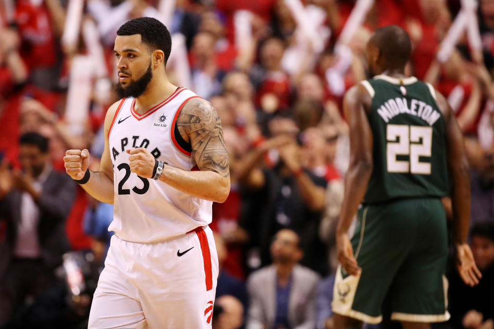 TORONTO, ONTARIO - MAY 21: Fred VanVleet #23 of the Toronto Raptors reacts during the second half against the Milwaukee Bucks in game four of the NBA Eastern Conference Finals at Scotiabank Arena on May 21, 2019 in Toronto, Canada. NOTE TO USER: User expressly acknowledges and agrees that, by downloading and or using this photograph, User is consenting to the terms and conditions of the Getty Images License Agreement. (Photo by Gregory Shamus/Getty Images)
