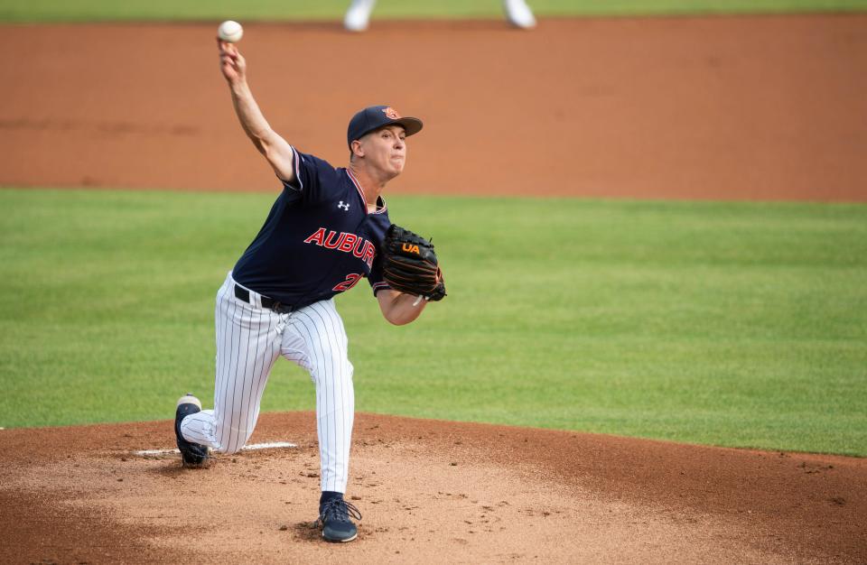 Auburn Tigers pitcher Trace Bright (21) pitches as Auburn Tigers take on Southeastern Louisiana Lions during the NCAA regional baseball tournament at Plainsman Park in Auburn, Ala., on Friday, June 3, 2022. 