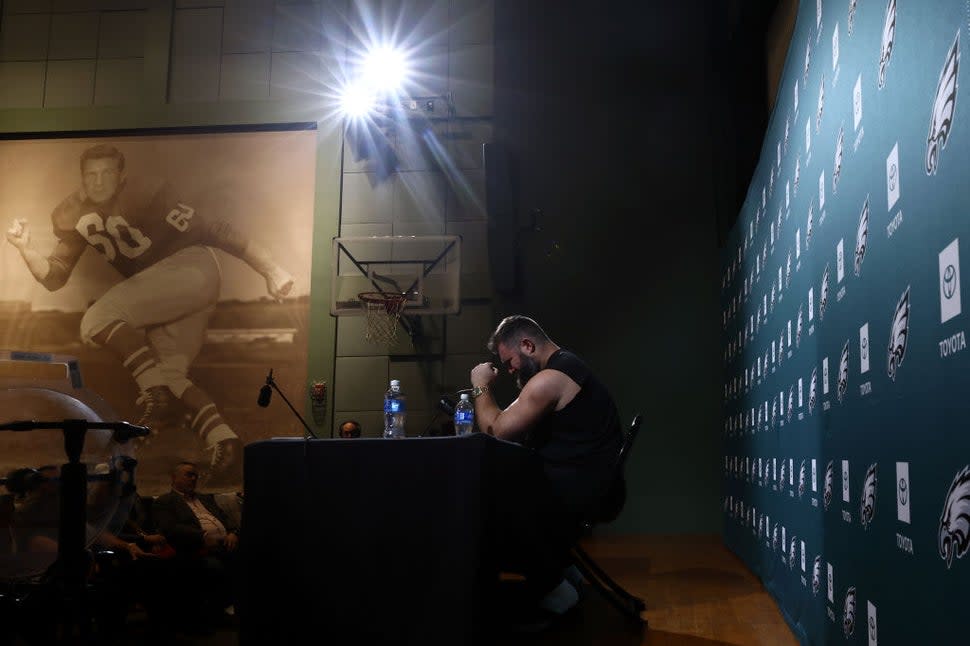 Jason Kelce #62 of the Philadelphia Eagles reacts after announcing his retirement from the NFL at NovaCare Complex on March 04, 2024 in Philadelphia, Pennsylvania.