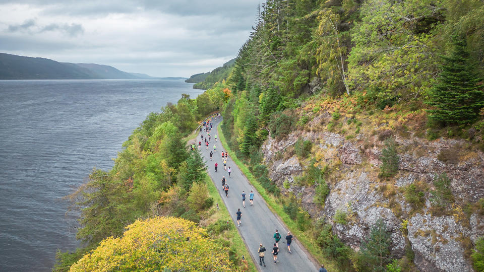 Aerial view of runners competing in the Loch Ness Marathon