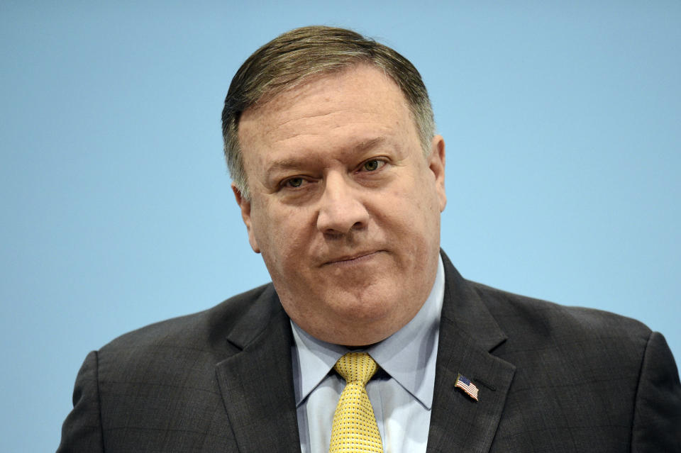 U.S. Secretary of State Mike Pompeo speaks at a press conference on the sidelines of the 51st ASEAN Foreign Ministers Meeting in Singapore, Saturday, Aug. 4, 2018. (AP Photo/Joseph Nair)