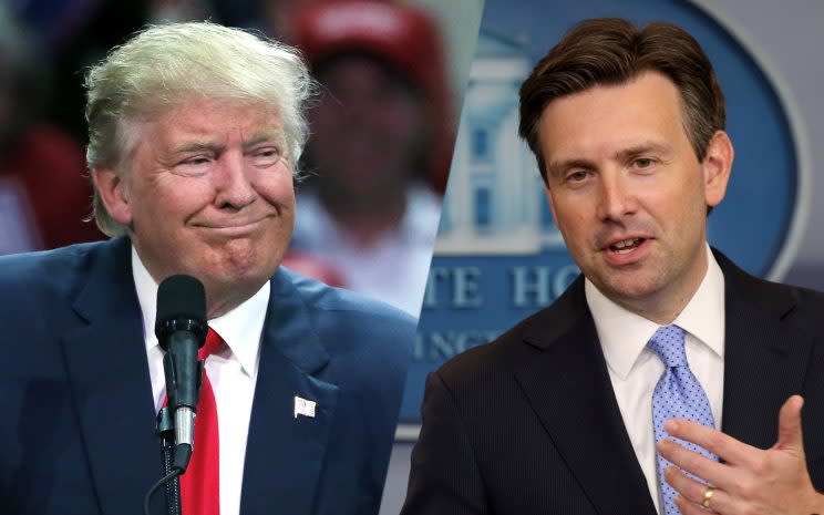 Donald Trump, Josh Earnest (Photos: Brennan Linsley/AP; Kevin Lamarque/Reuters)