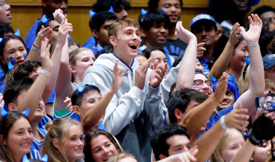Recruit Cooper Flagg stands amongst the Cameron Crazies during Duke basketball’s Countdown to Craziness at Cameron Indoor Stadium in Durham, N.C., Friday, Oct. 20, 2023.