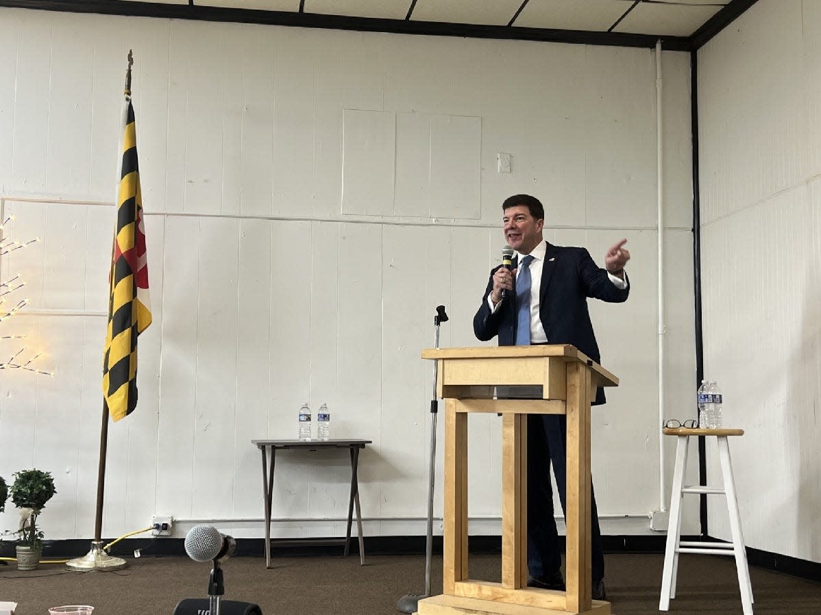 Business executive Juan Dominguez, a candidate for U.S. Senate, speaks during a forum held by Eastern Shore Democrats in Cambridge, Maryland on Nov. 3, 2023. Dominguez, the most recent entrant to the field, placed third of three candidates in a straw poll.
