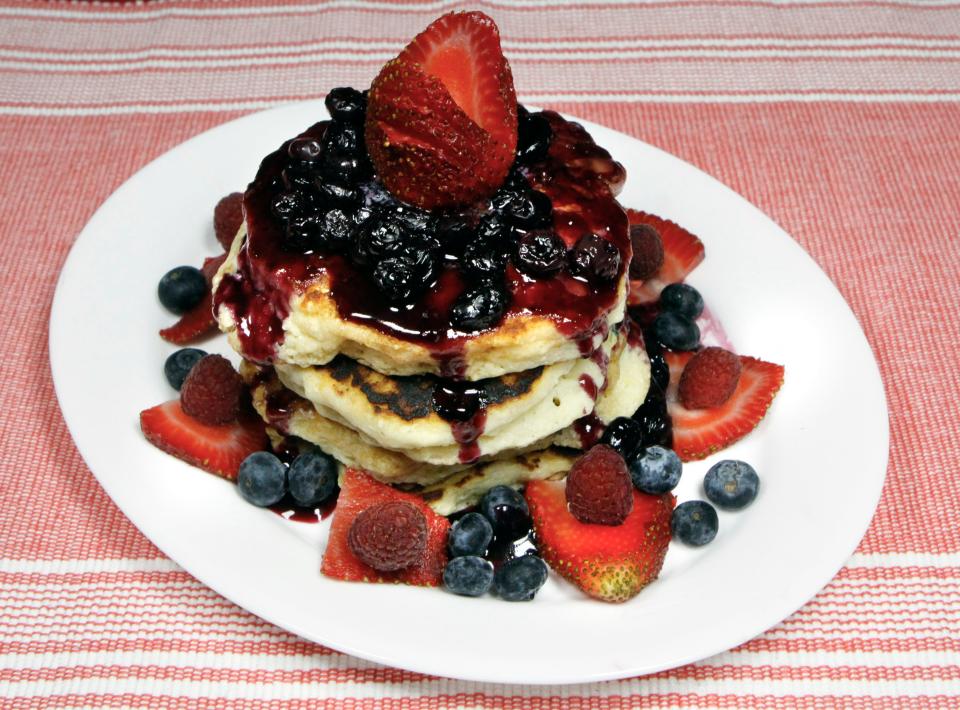 Lemon Ricotta Pancakes with Blueberry Sauce should hit the spot with the whole family on Mother's Day.