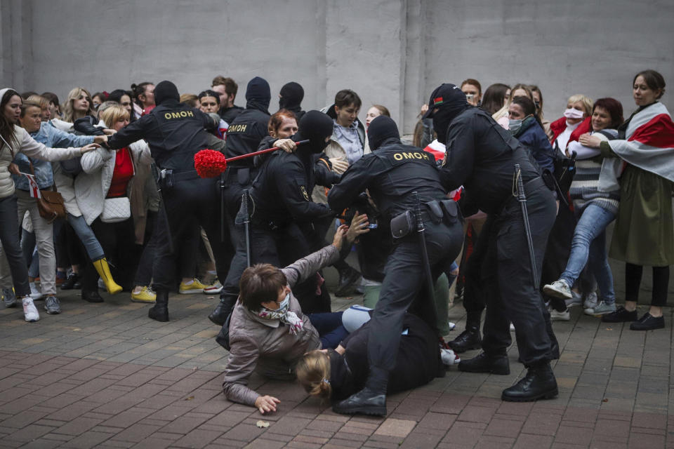 FILE - Police officers detain protesters during a rally in support of detained Belarusian opposition figure Maria Kolesnikova in Minsk, Belarus, on Tuesday, Sept. 8, 2020. It's been a year since Kolesnikova last wrote a letter to her family from behind bars, according to her father. No one has seen or heard from Kolesnikova, who is serving an 11-year sentence for organizing anti-government rallies, since Feb. 12, 2023. (AP Photo, File)