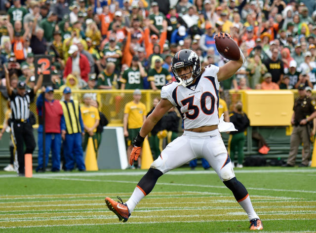 October 8, 2018 - East Rutherford, New Jersey, U.S. - Denver Broncos  running back Phillip Lindsay (30) on the sideline during a NFL game between  the Denver Broncos and the New York