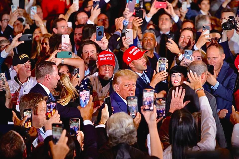 Former President Donald Trump interacts with his supporters for the first time at an event at his Mar-a-Lago club in Palm Beach, Florida on Tuesday April 04, 2023. Trump was arraigned earlier this afternoon by a Manhattan grand jury for his alleged role in a scandal stemming from hush money payments made to the pornographic film actress Stormy Daniels prior to the 2016 U.S. presidential election.