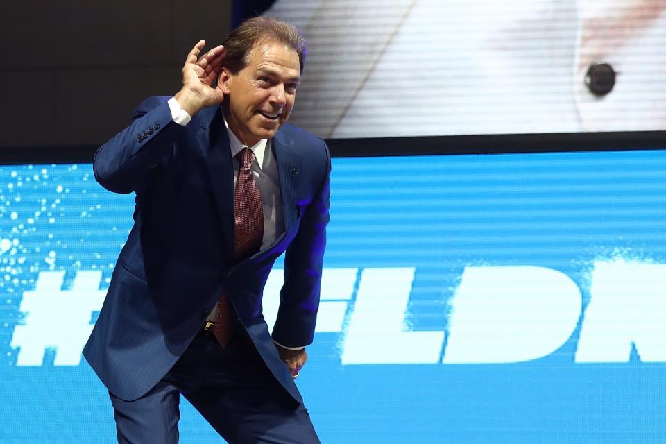 Nick Saban, bathing in the catcalls of his haters. (Getty)