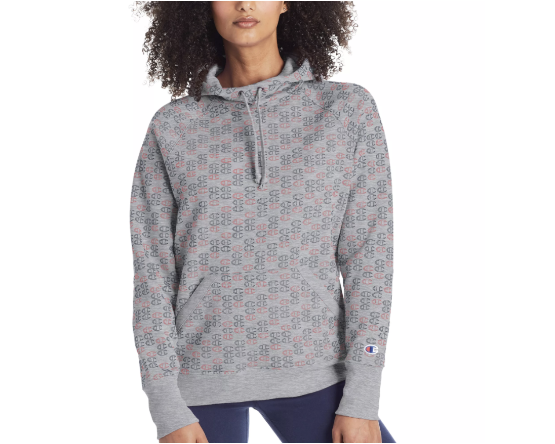 Grey hoodie with a pattern featuring the Champion logo