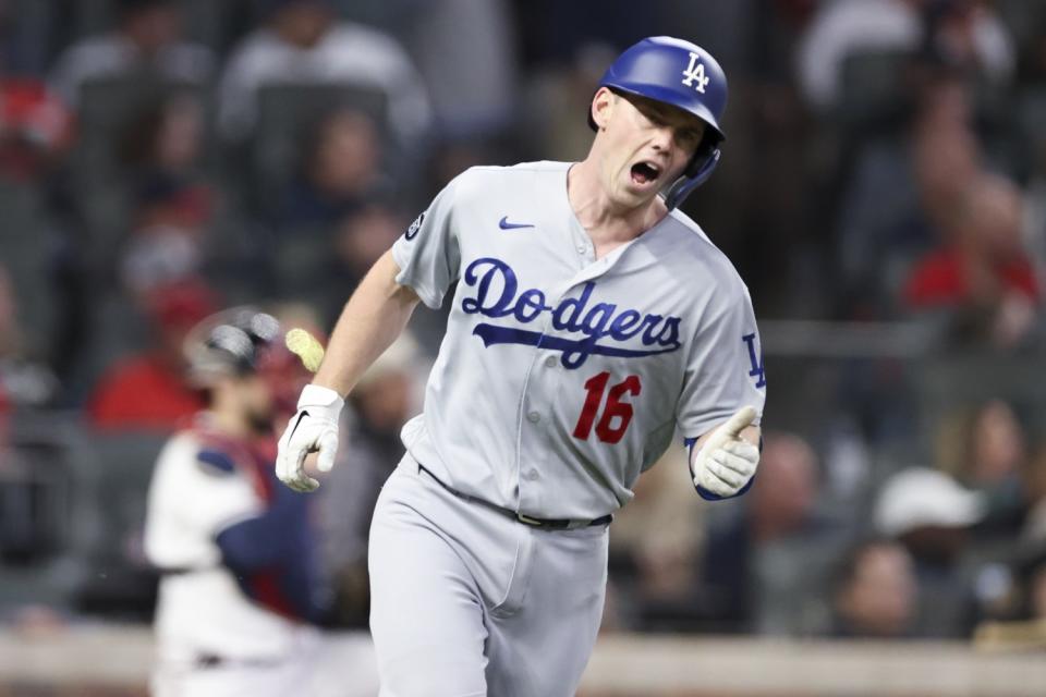 Atlanta, GA - October 16: Los Angeles Dodgers' Will Smith celebrates while leaving the batter's box after a solo home run.