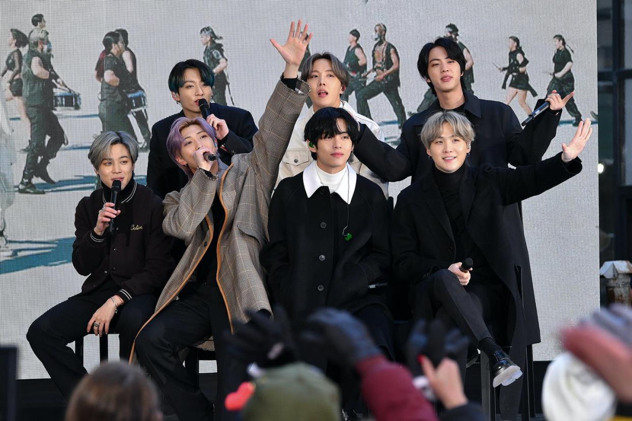 <span class="caption">K-pop band BTS and their company, Big Hit, have donated money to Black Lives Matter. Most bands and companies in the industry have not made any sort of statements.</span> <span class="attribution"><a class="link " href="https://www.gettyimages.com/detail/news-photo/jimin-jungkook-rm-j-hope-v-jin-and-suga-of-the-k-pop-boy-news-photo/1207750198?adppopup=true" rel="nofollow noopener" target="_blank" data-ylk="slk:Dia Dipasupil/Getty Images;elm:context_link;itc:0;sec:content-canvas">Dia Dipasupil/Getty Images</a></span>