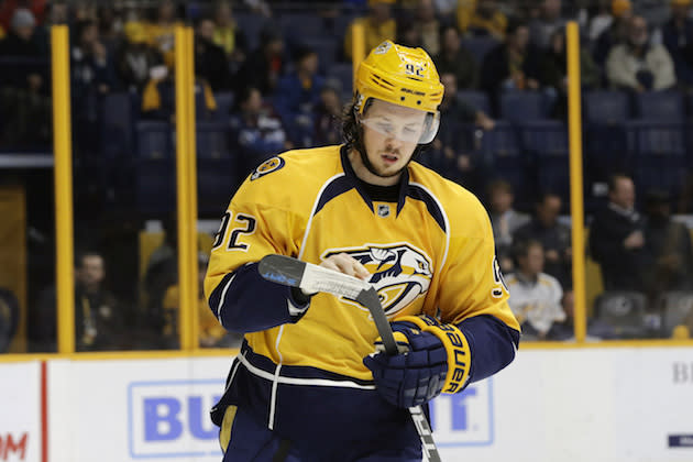 Nashville Predators center Ryan Johansen plays against the Colorado Avalanche during the first period of an NHL hockey game Tuesday, Dec. 6, 2016, in Nashville, Tenn. (AP Photo/Mark Humphrey)