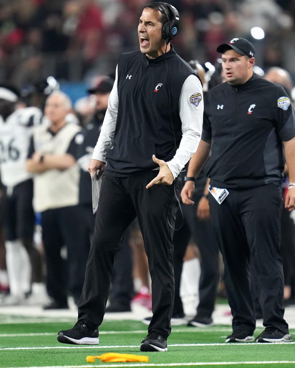 Cincinnati Bearcats head coach Luke Fickell reacts to a penalty against the Cincinnati Bearcats in the first quarter during the College Football Playoff semifinal game against the Alabama Crimson Tide at the 86th Cotton Bowl Classic, Friday, Dec. 31, 2021, at AT&T Stadium in Arlington, Texas.
