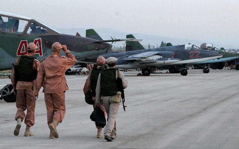 Russian soldiers at their airbase in Hmeimim, northwest Syria