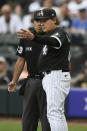 Chicago White Sox manager Tony La Russa, right, argues with home plate umpire Nestor Ceja, left, during the first inning of a baseball game against the Chicago Cubs at Guaranteed Rate Field, Saturday, May 28, 2022, in Chicago. (AP Photo/Paul Beaty)