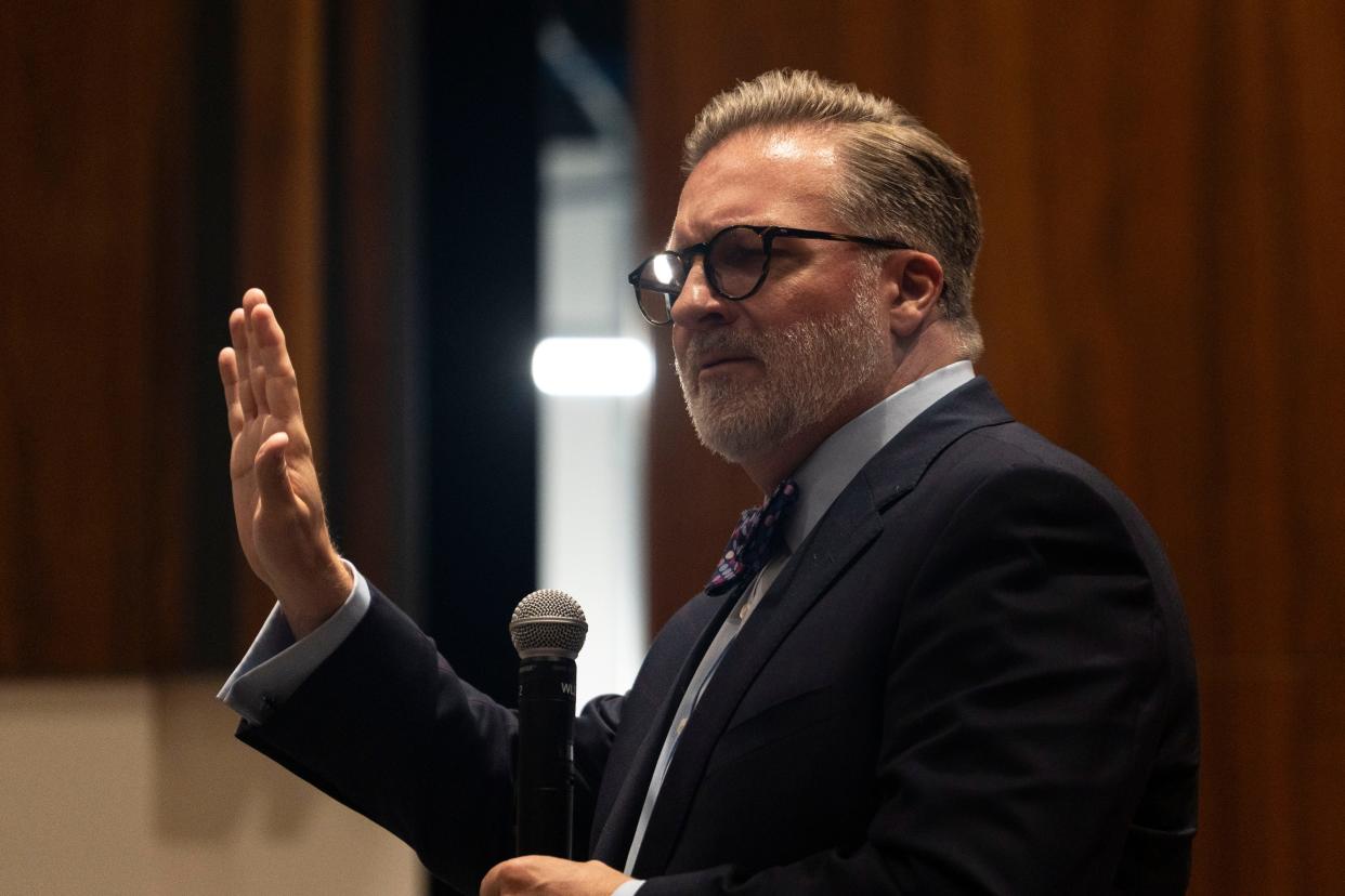 Russell Lowery-Hart, president of Amarillo College, speaks at Austin Community College’s Highland Campus on June 29. Lowery-Hart has been named the lone finalist for ACC chancellor.