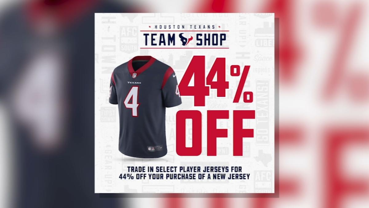 The Houston Texans are offering fans the opportunity to exchange select  former player jerseys for 44% off a new jersey throughout the team's Bye  Week.